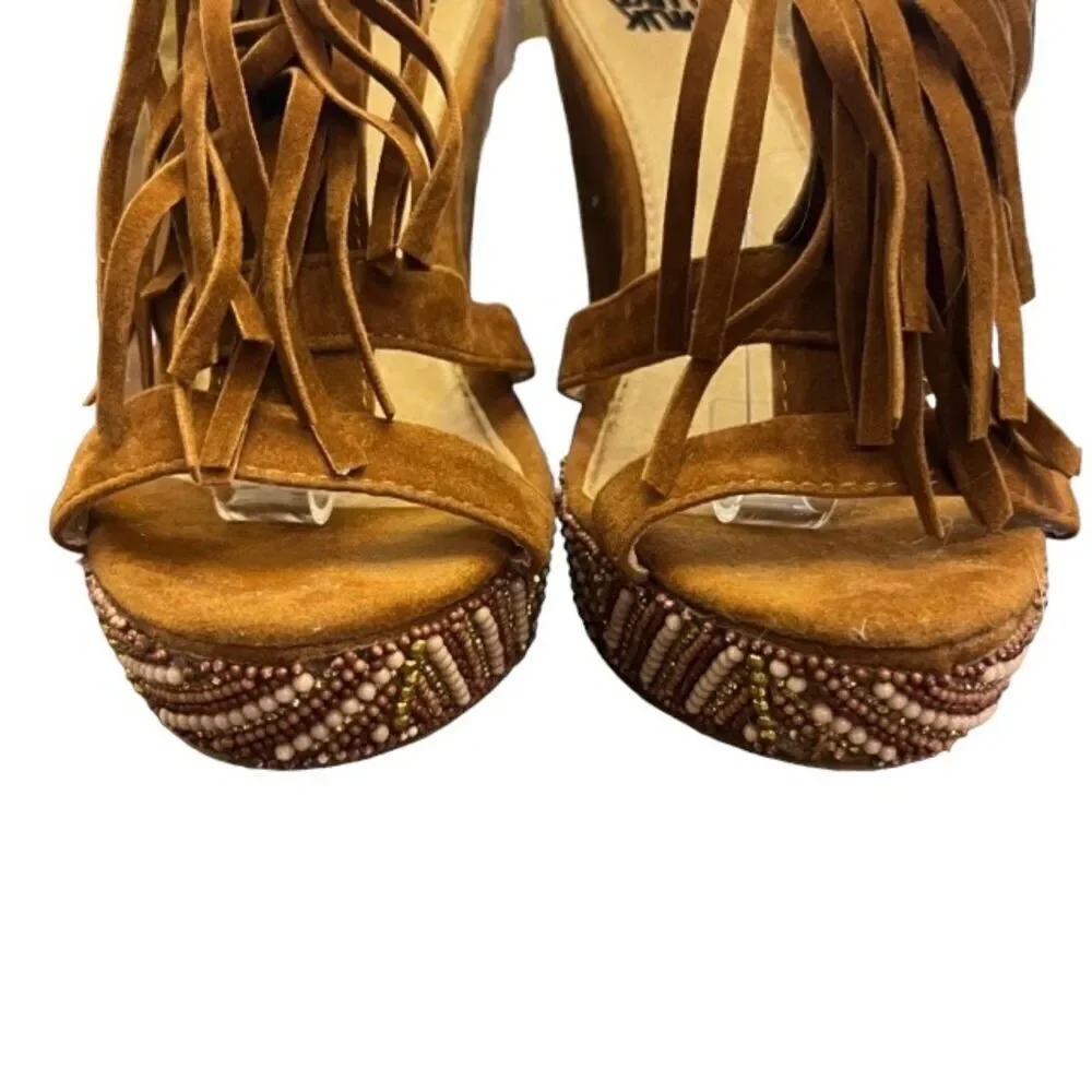 MUK LUKS Women's Faux Suede Wedge‎ Open Toe Sandal W/Fringe and Beading Size 9.5